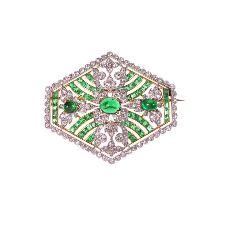 Emerald and diamond panel brooch
